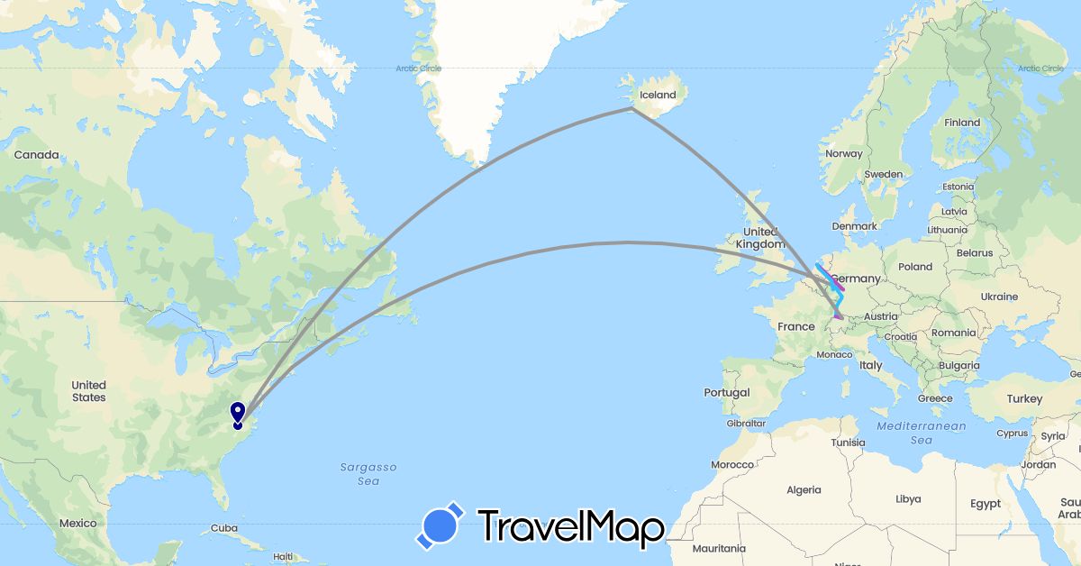 TravelMap itinerary: driving, plane, train, boat in Switzerland, Germany, France, Iceland, Netherlands, United States (Europe, North America)